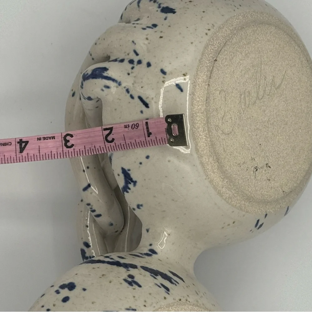 Handcrafted Ceramic Speckled Blue and Gold Dual Double Bowl with Braided Handle